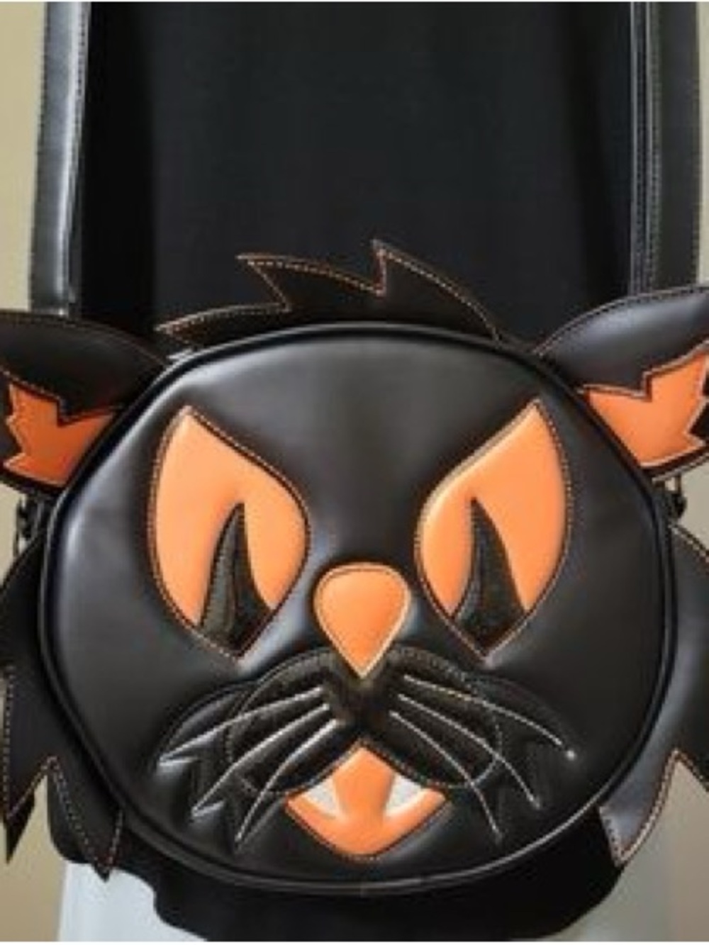 Love Pain Stitches Pumpkin Kult Cat Halloween Black & Orange Face Crossbody Bag - Picture 2 of 6
